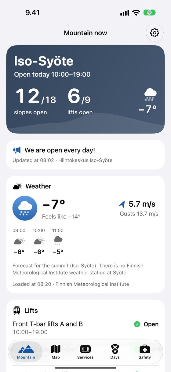 Syöte's Mountain now view: Iso-Syöte open, 12/18 slopes and 6/9 lifts open, −7° and an hourly forecast.