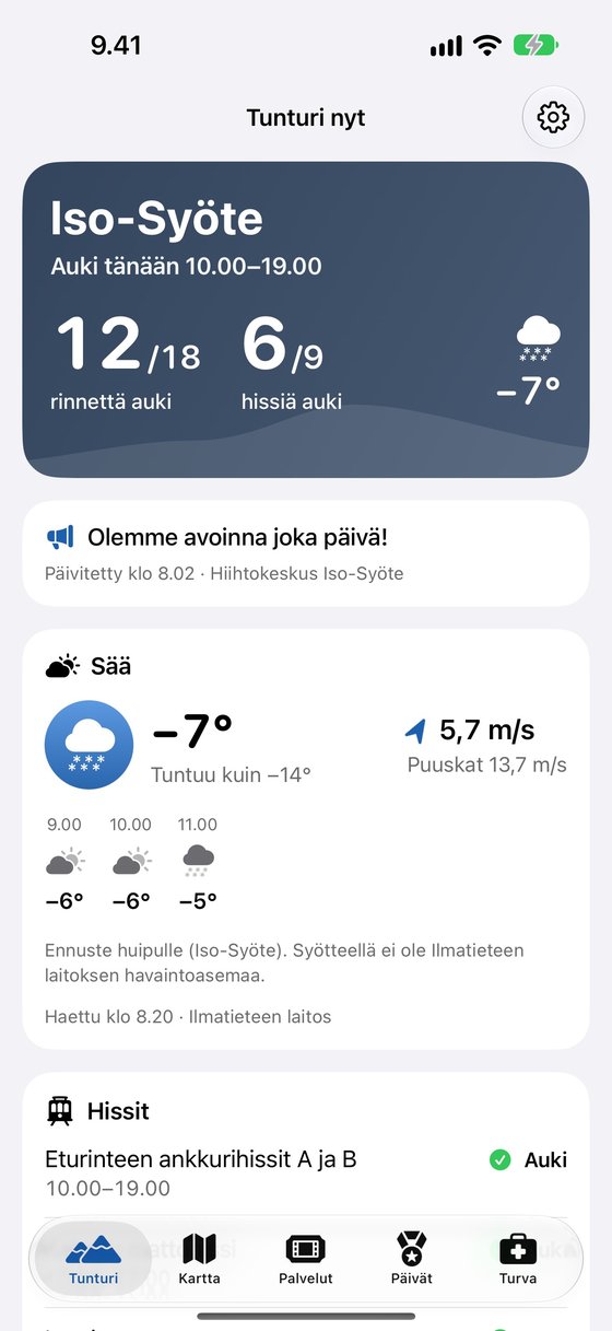 Syötteen Tunturi nyt -näkymä: Iso-Syöte auki, 12/18 rinnettä ja 6/9 hissiä auki, lämpötila −7° ja tuntiennuste.